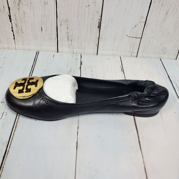 Tory Burch Reva Ballet Flats Size 7 M Black Leather Gold Metallic Logo Comfy GUC - Picture 3 of 13